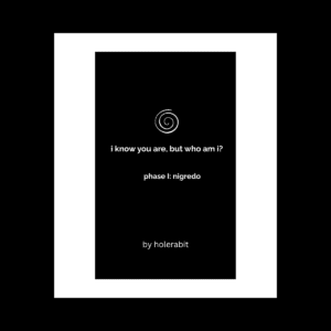 Cover of the spiral workbook Nigredo titled “I Know You Are, But Who Am I?” with black-coded alchemical design and spiral symbolism.