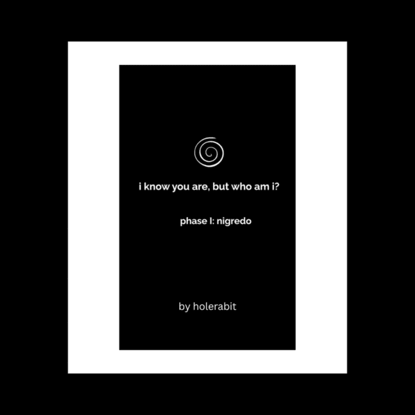 Cover of the spiral workbook Nigredo titled “I Know You Are, But Who Am I?” with black-coded alchemical design and spiral symbolism.