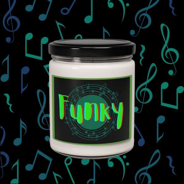 funky Self ExpresScents™ candle with teal and orange label on matte black jar