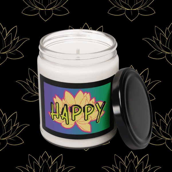 happy Self ExpresScents™ candle with yellow label in black glass