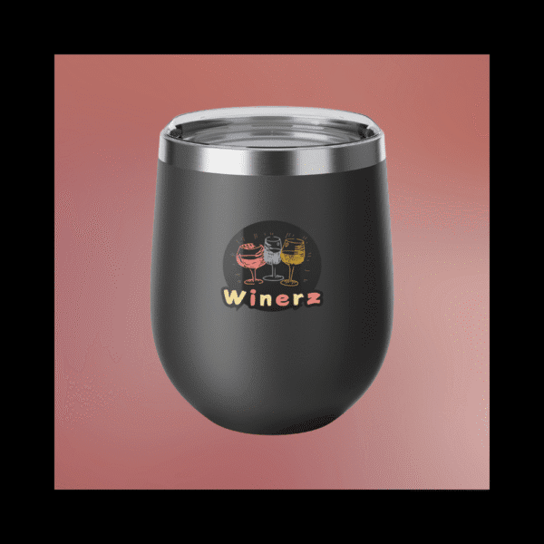 Matte black Winerz wine tumbler with Winerz wine tumbler black stainless spiral cupthree clinking wine glasses