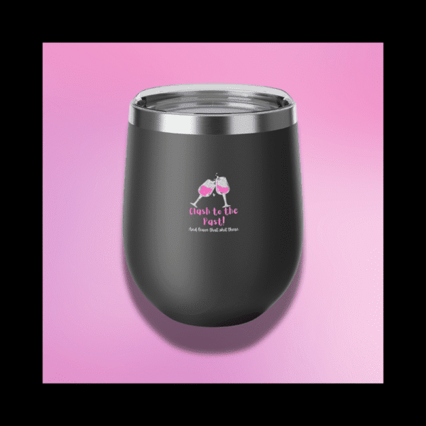 Clash wine tumbler with matte black finish and pink clinking glasses