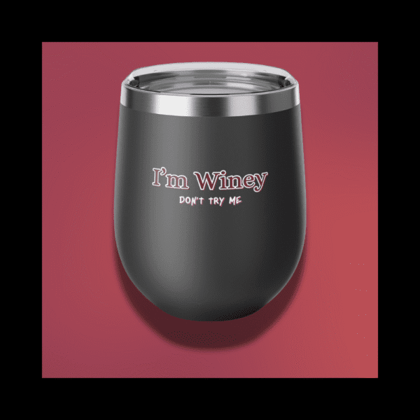Winey wine tumbler with pink script and bold black serif font