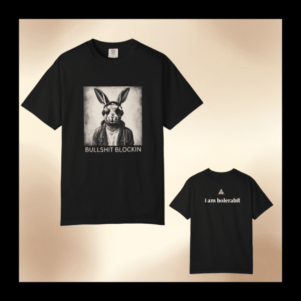 spiral transformation clothing with “Bullshit Blockin” text on cotton shirt