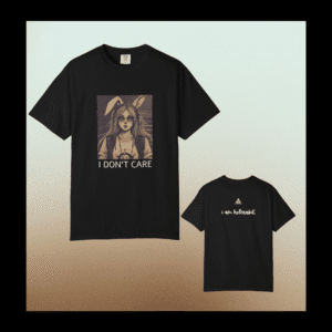 spiral transformation clothing with I Don’t Care statement on black cotton tee