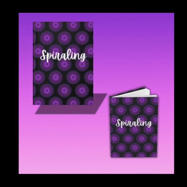 just jotting journal with violet spirals on black background