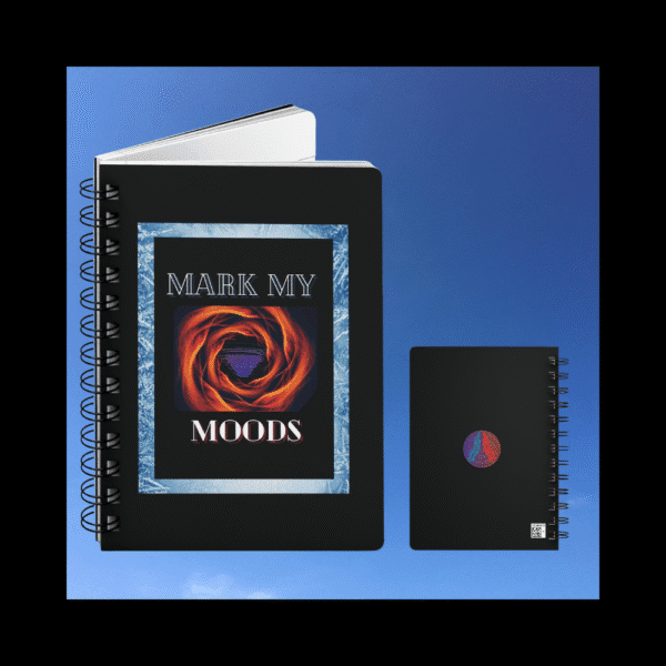 mark my moods notebook with fiery spiral and icy glow on black cover
