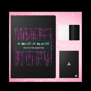 di-cipher notebook with pink binary glitch background and ransom font
