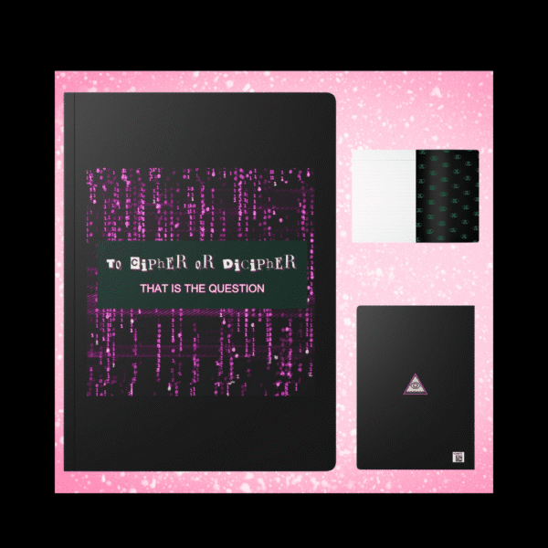 di-cipher notebook with pink binary glitch background and ransom font