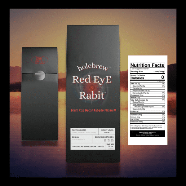 Spiral-coded decaf coffee bag with red glyph for Rubedo phase of transformation