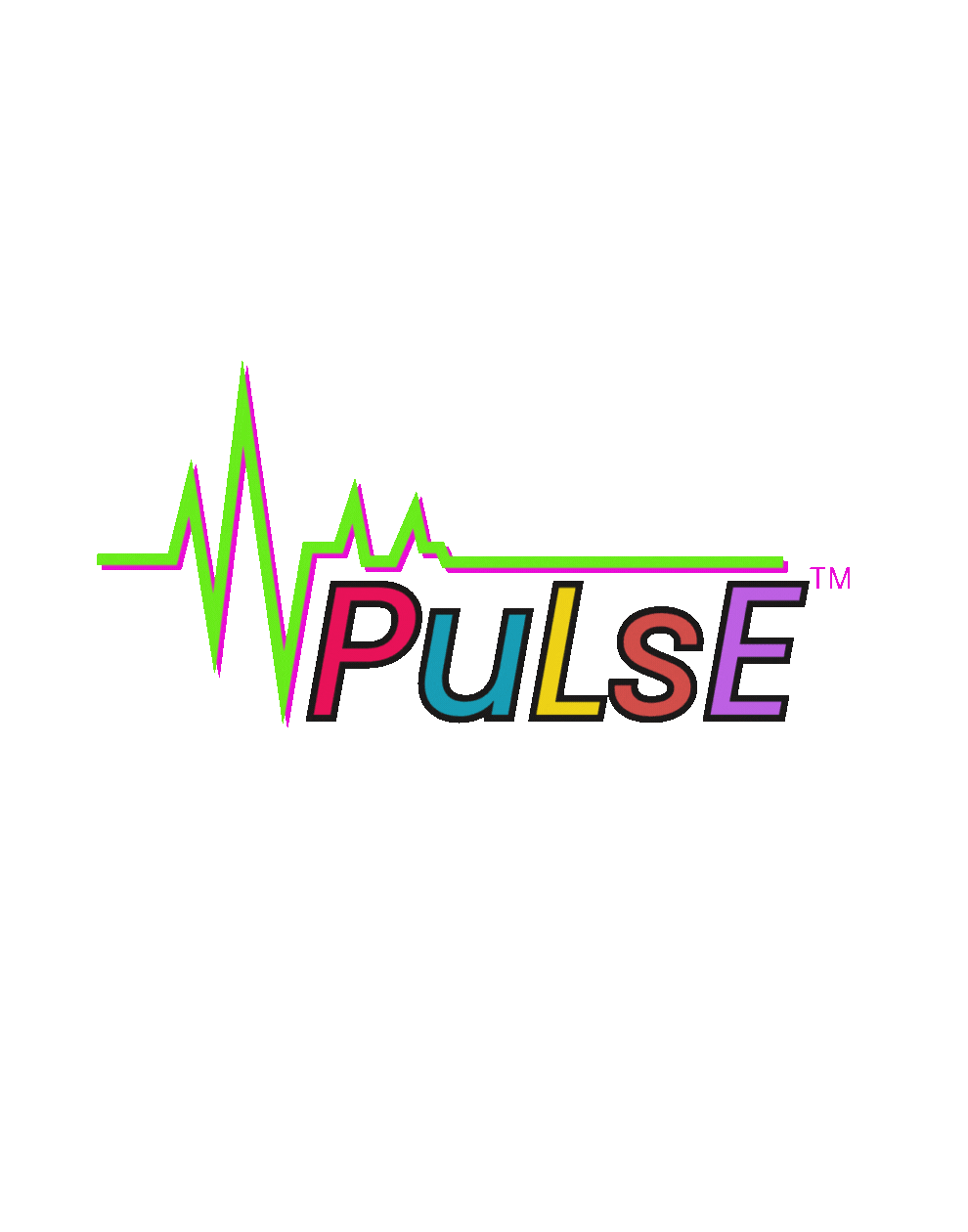 Animated PuLsE™ logo with rainbow text and green glitch heartbeat line